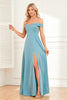 Load image into Gallery viewer, A-Line Cold Shoulder Blue Formal Dress with Slit