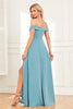 Load image into Gallery viewer, A-Line Cold Shoulder Blue Formal Dress with Slit