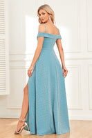 Load image into Gallery viewer, A-Line Cold Shoulder Blue Formal Dress with Slit