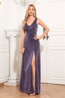 Load image into Gallery viewer, V-Neck Sleeveless Purple Formal Dress with Slit