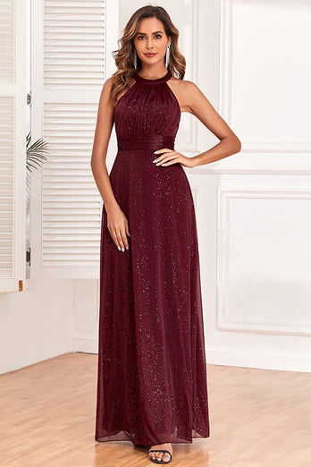 Sparkly Halter Burgundy Party Dress with Open Back