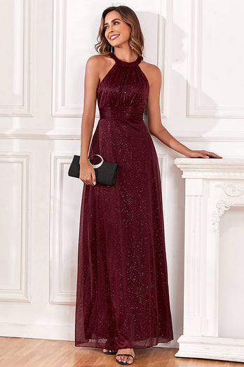 Sparkly Halter Burgundy Party Dress with Open Back