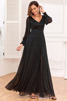 Load image into Gallery viewer, Glitter A-Line Long Sleeves Black Mother of The Bride Dress with Slit