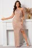 Load image into Gallery viewer, Glitter One Shoulder Champagne Holiday Party Dress with Fringes