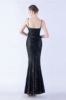 Load image into Gallery viewer, Black Spaghetti Straps Sheath Sequin Formal Dress with Feather