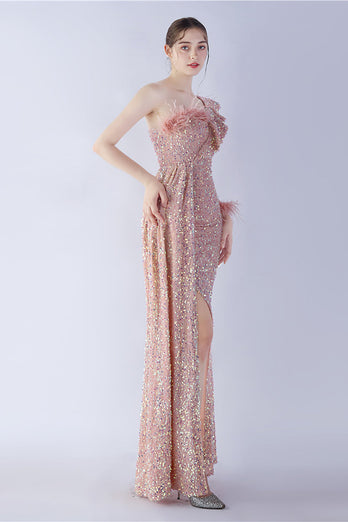 Mermaid One Shoulder Sequin Formal Dress With Feathers