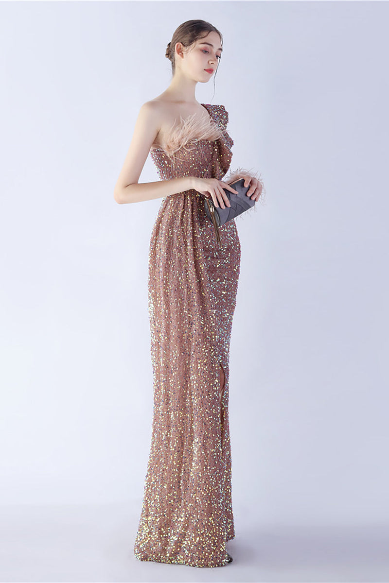Load image into Gallery viewer, Mermaid One Shoulder Sequin Formal Dress With Feathers
