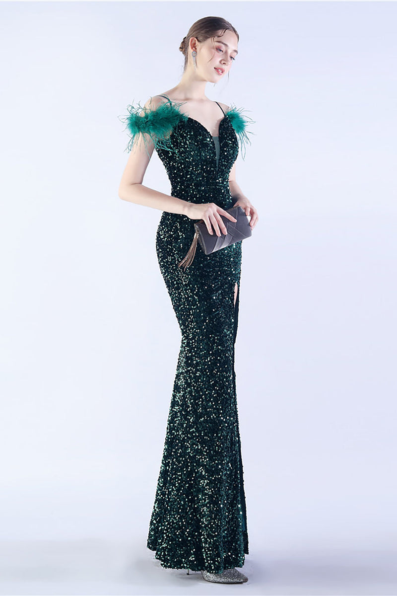 Load image into Gallery viewer, Mermaid Spaghetti Straps Sequin Formal Evening Dress With Feathers