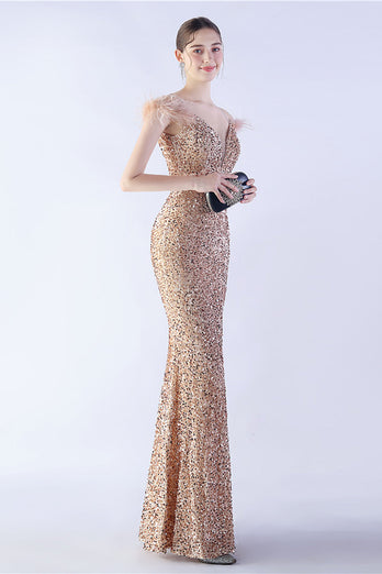 Mermaid Spaghetti Straps Sequin Formal Evening Dress With Feathers
