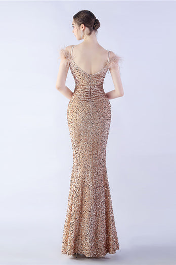 Mermaid Spaghetti Straps Sequin Formal Evening Dress With Feathers