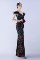 Load image into Gallery viewer, Mermaid Spaghetti Straps Sequin Formal Evening Dress With Feathers