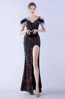 Load image into Gallery viewer, Mermaid Spaghetti Straps Sequin Formal Evening Dress With Feathers