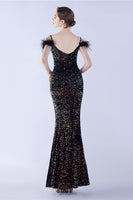 Load image into Gallery viewer, Mermaid Spaghetti Straps Sequin Formal Evening Dress With Feathers