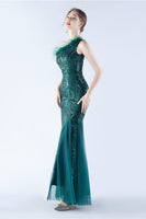 Load image into Gallery viewer, Burgundy Mermaid One Shoulder Mesh and Beaded Evening Dress With Feathers