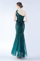 Load image into Gallery viewer, Burgundy Mermaid One Shoulder Mesh and Beaded Evening Dress With Feathers