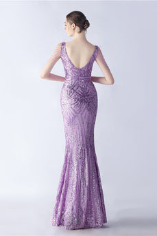 Lilac Mermaid V Neck Sequin and Beaded Ostrich Feathers Evening Dress With Slit