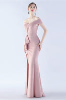 Load image into Gallery viewer, Navy Off the Shoulder Mermaid Crepe Formal Dress with Slit