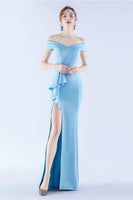 Load image into Gallery viewer, Navy Off the Shoulder Mermaid Crepe Formal Dress with Slit