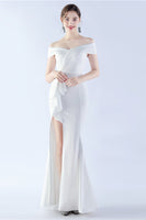 Load image into Gallery viewer, Navy Off the Shoulder Mermaid Crepe Formal Dress with Slit