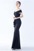 Load image into Gallery viewer, Navy Off the Shoulder Mermaid Crepe Formal Dress with Slit