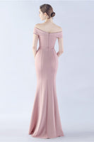 Load image into Gallery viewer, Navy Off the Shoulder Mermaid Crepe Formal Dress with Slit