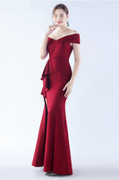 Load image into Gallery viewer, Navy Off the Shoulder Mermaid Crepe Formal Dress with Slit