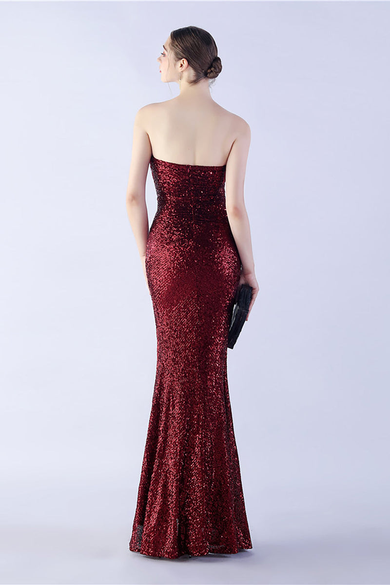 Load image into Gallery viewer, Dark Green Strapless Sequin Sheath Formal Dress with Feather