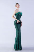 Load image into Gallery viewer, Dark Green Strapless Sequin Sheath Formal Dress with Feather