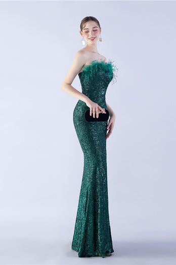 Dark Green Strapless Sequin Sheath Formal Dress with Feather