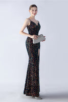 Load image into Gallery viewer, Glitter Mermaid Spaghetti Straps Beaded Symphony Black Formal Dress With Side Slit
