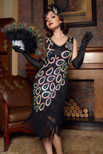Burgundy Asymmetrical V Neck 1920s Flapper Dress