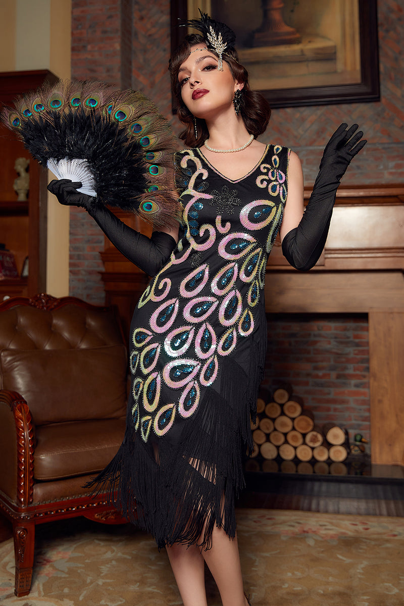 Load image into Gallery viewer, Asymmetrical V Neck 1920s Flapper Dress