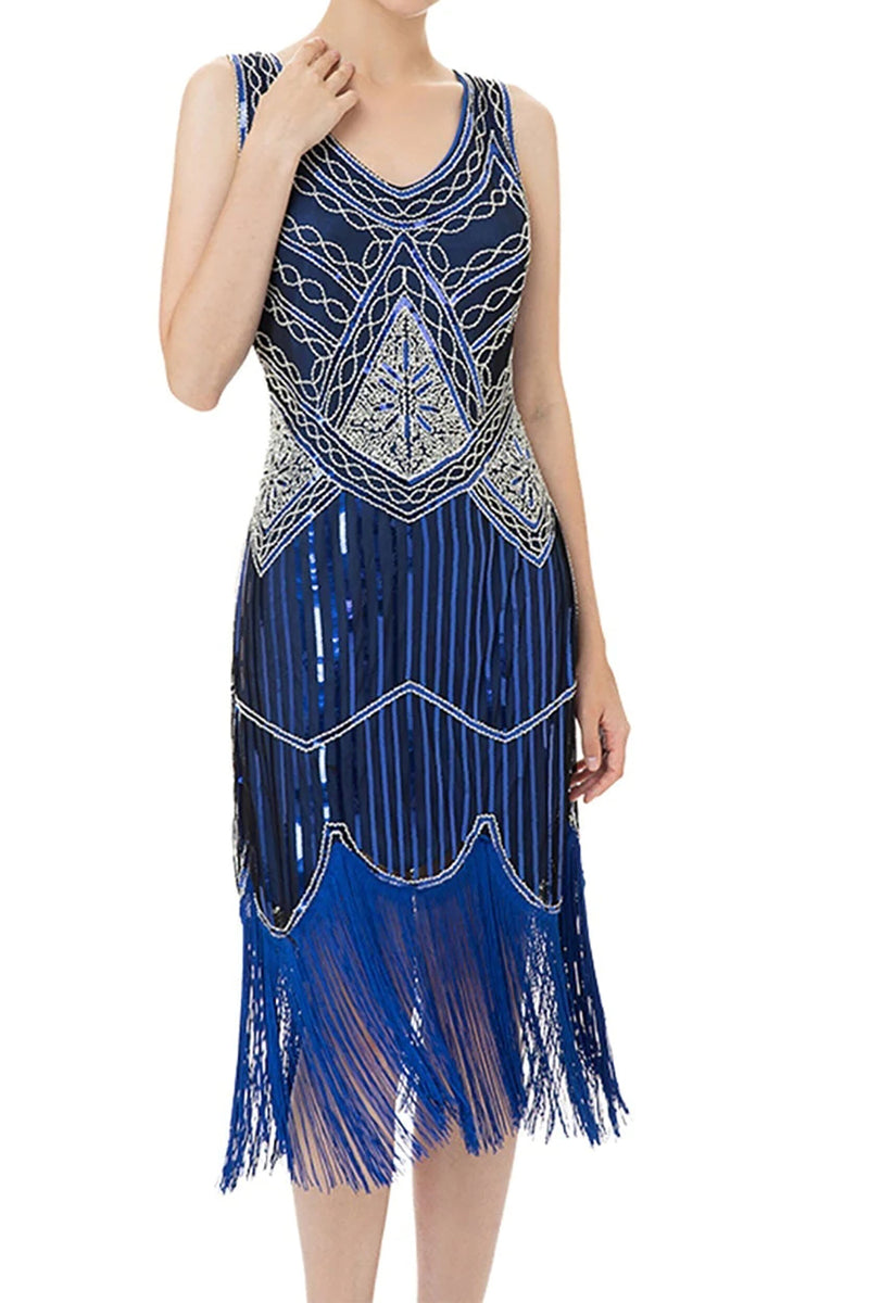 Load image into Gallery viewer, V Neck Blue 1920s Dress