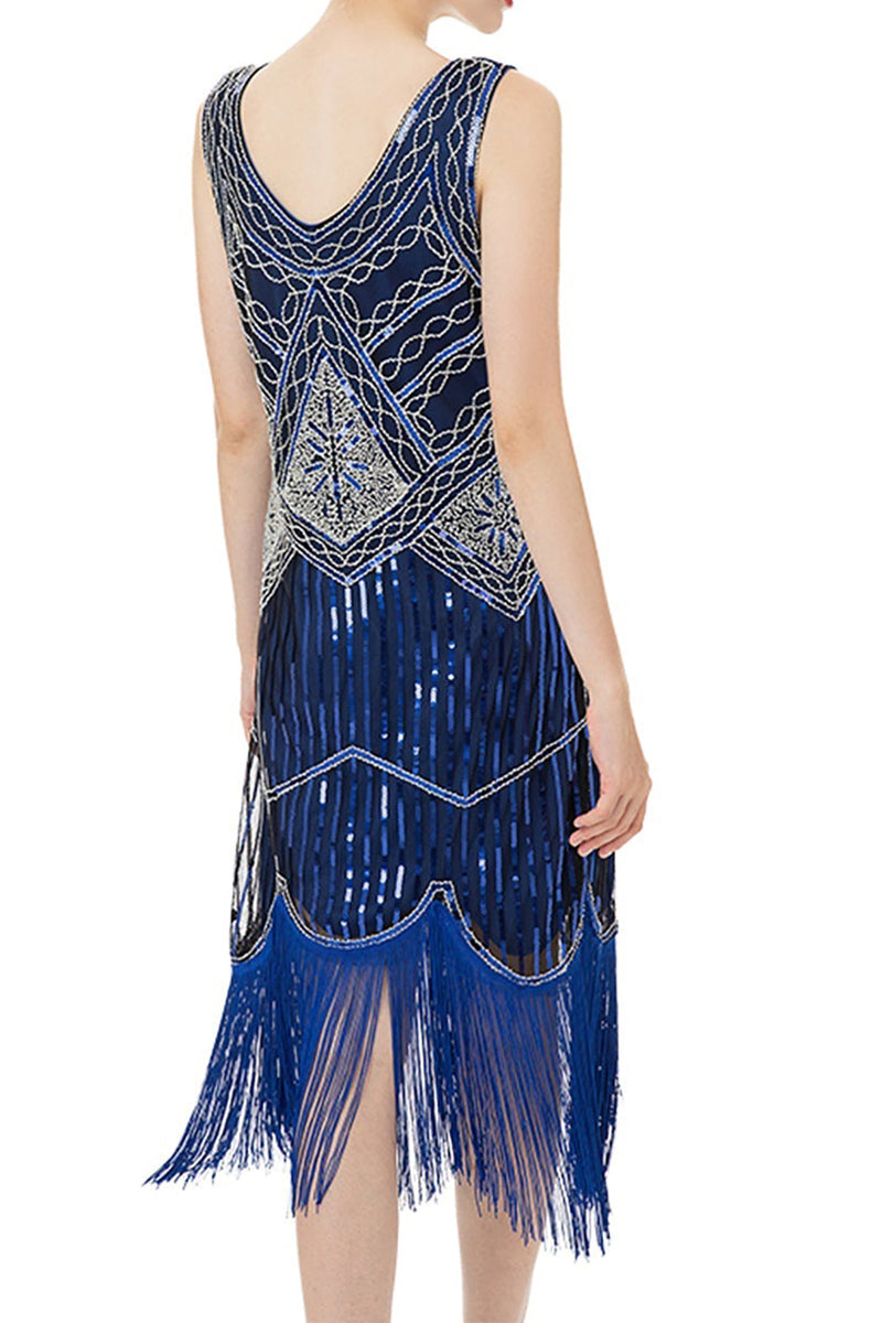 Load image into Gallery viewer, V Neck Blue 1920s Dress