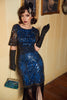 Load image into Gallery viewer, Blue Sequins Fringe 1920s Dress with Sleeves