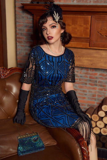 Blue Sequins Fringe 1920s Dress with Sleeves