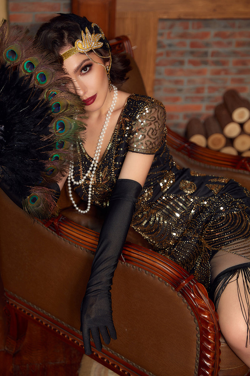 Load image into Gallery viewer, Black Golden 1920 Retro Sequin Dress