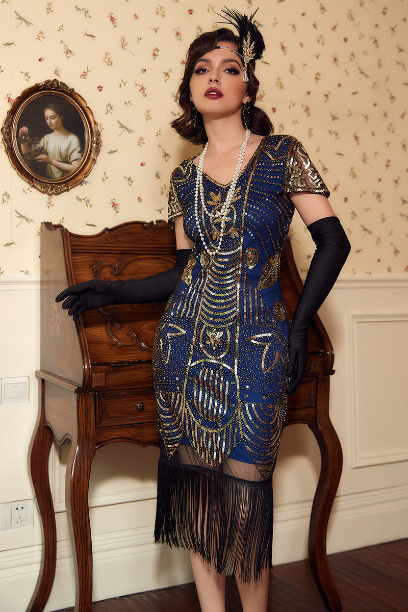Load image into Gallery viewer, Blue 1920 Retro Sequin Dress