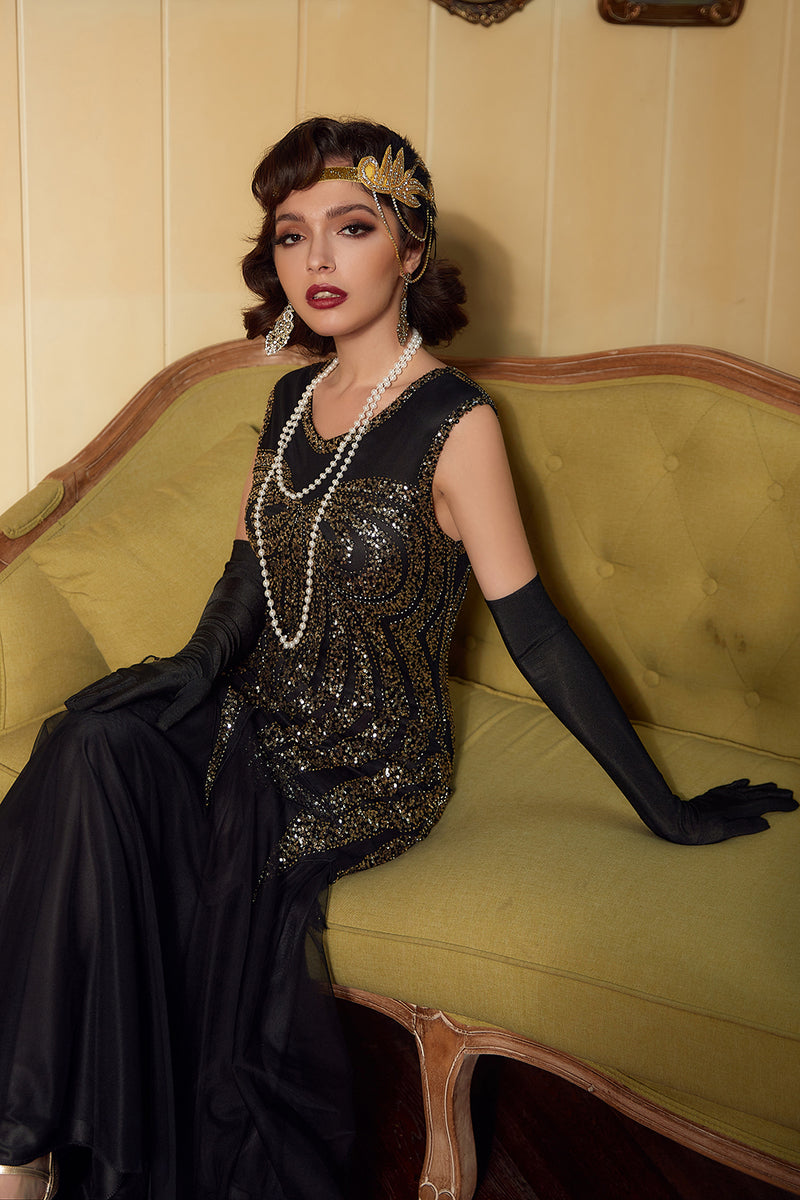 Load image into Gallery viewer, Black Red Sequins Long 1920s Dress