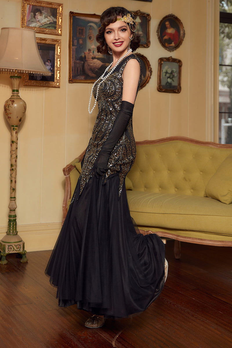 Load image into Gallery viewer, Black Red Sequins Long 1920s Dress