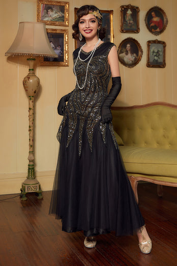 Black Golden Sequins Long 1920s Dress