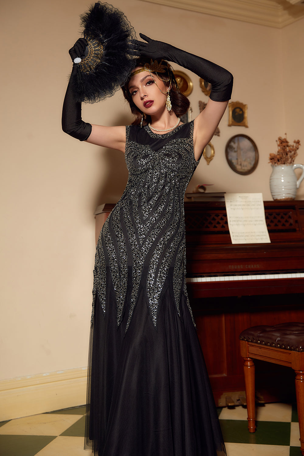 Black Silver Sequins Long 1920s Dress