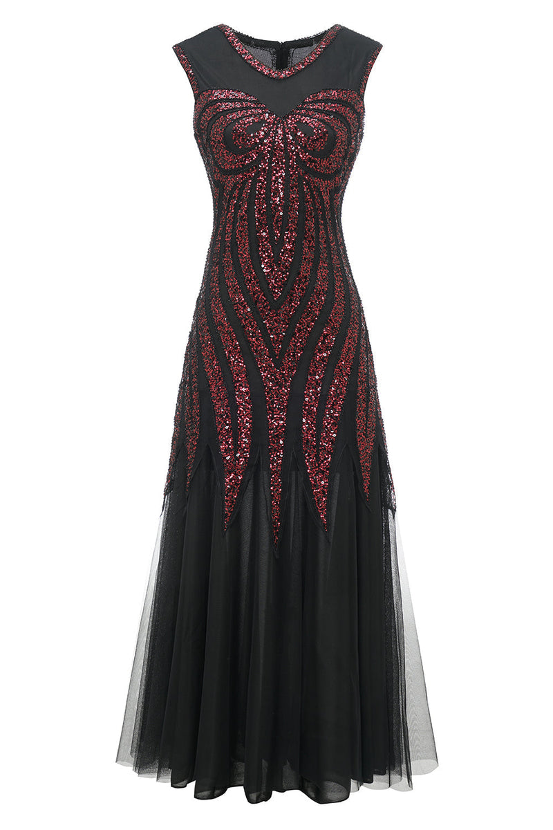 Load image into Gallery viewer, Black Red Sequins Long 1920s Dress