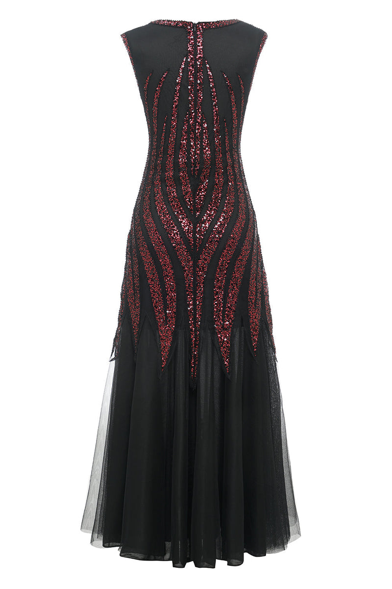 Load image into Gallery viewer, Black Red Sequins Long 1920s Dress