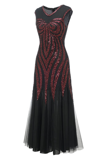 Black Red Sequins Long 1920s Dress