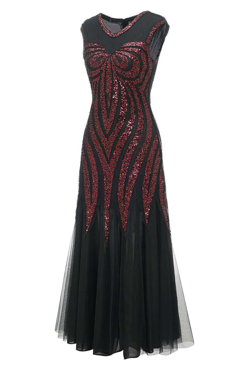 Load image into Gallery viewer, Black Red Sequins Long 1920s Dress