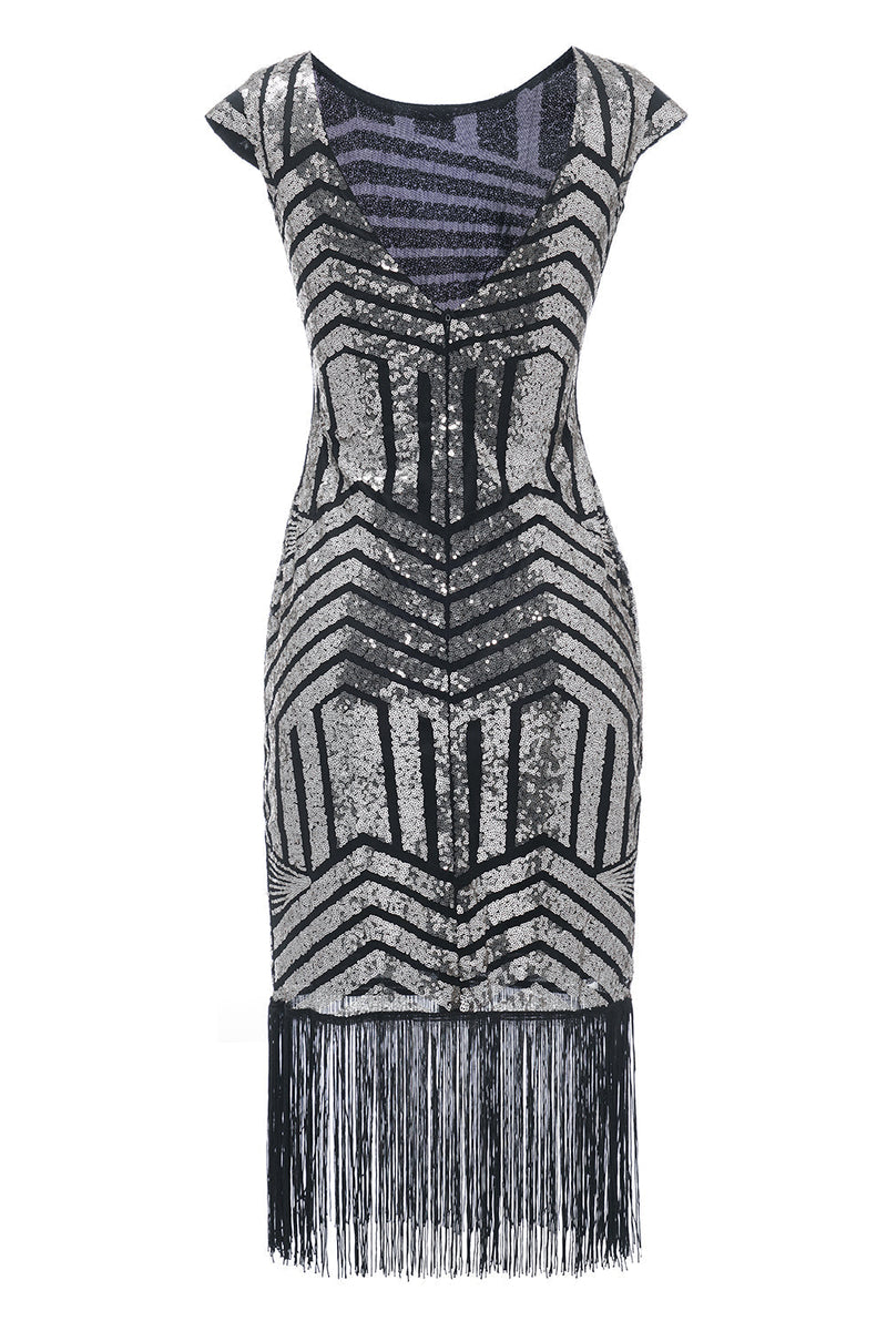 Load image into Gallery viewer, Silver Round Neck 1920s Flapper Dress