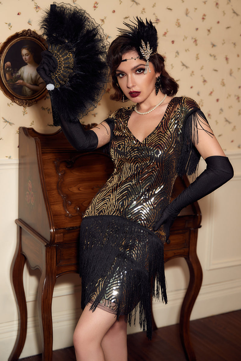 Load image into Gallery viewer, Black Golden 1920s Party Dress with Tassel