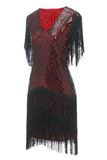Black Red V Neck 1920s Party Dress
