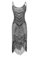 Load image into Gallery viewer, Women Black and Silver 1920s Sequin Dress Spaghetti Straps Fringed Sleeveless Bodycon Vintage Party Dress
